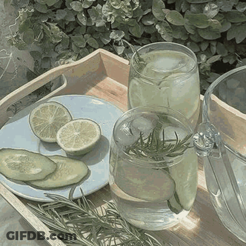 A Wooden Tray With Glasses Of Water , Lemons , Cucumbers , And Rosemary On It . GIF
