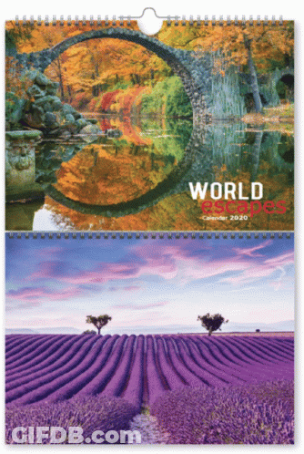 A World Escapes Calendar For 2020 Shows A Bridge And A Lavender Field GIF