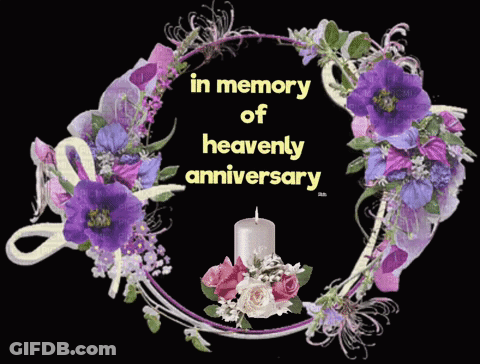 A Wreath Of Purple Flowers With The Words In Memory Of Heavenly Anniversary Written On It GIF