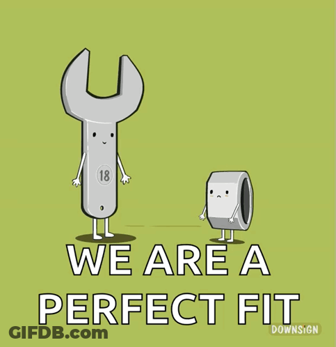 A Wrench And A Nut Are Standing Next To Each Other With The Words We Are A Perfect Fit Below Them GIF