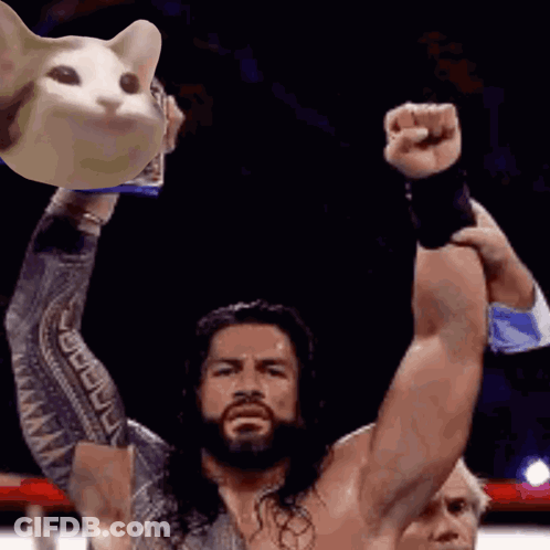 A Wrestler Holds Up His Fist In The Air While Holding A Cat Head GIF