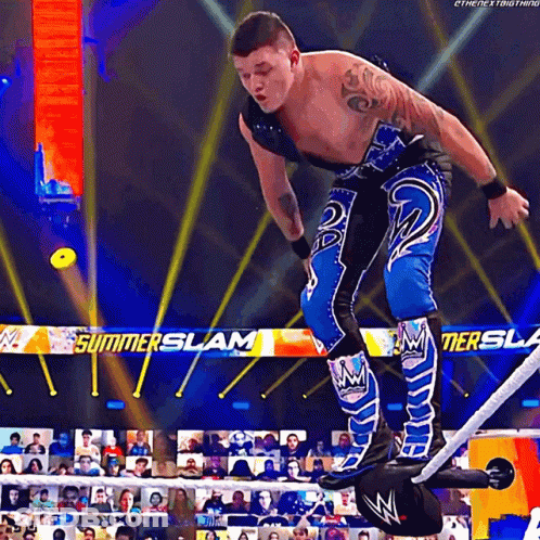 A Wrestler In A Blue And Black Outfit Is Standing On A Rope In Front Of A Banner That Says Summerslam GIF