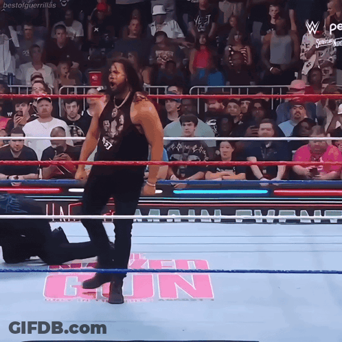 A Wrestler In A Ring With A Sign That Says Fun GIF