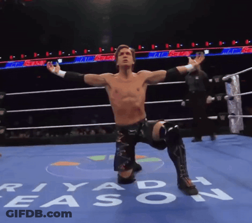 A Wrestler In A Ring With The Word Riyadh Written On The Floor GIF