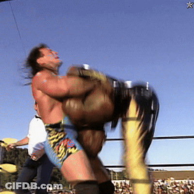 A Wrestler Is Being Lifted Up By Another Wrestler In A Ring GIF