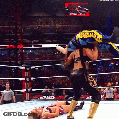 A Wrestler Is Carrying Another Wrestler In A Wrestling Ring That Says Royal Rumble On The Bottom GIF