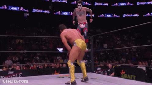 A Wrestler Is Jumping Over Another Wrestler In A Ring That Says Draft GIF