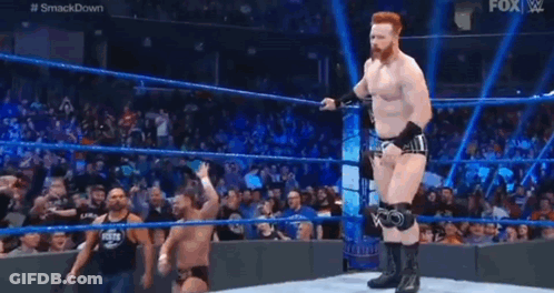 A Wrestler Is Kicking Another Wrestler In The Face While Standing In A Wrestling Ring . GIF