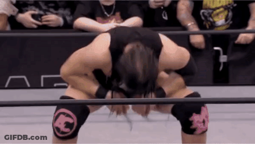A Wrestler Is Kneeling Down In A Wrestling Ring With A Crowd Watching . GIF