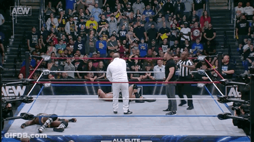 A Wrestler Is Laying On The Ground In A Wrestling Ring With A Crowd Watching GIF