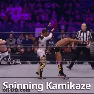 A Wrestler Is Spinning Another Wrestler In A Wrestling Ring . GIF