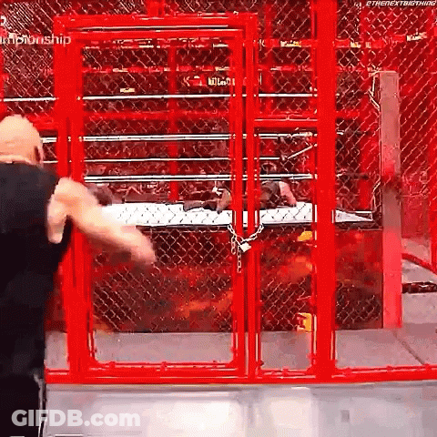 A Wrestler Is Standing In A Red Cage . GIF