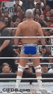 A Wrestler Is Standing In A Ring With His Back To The Camera . GIF