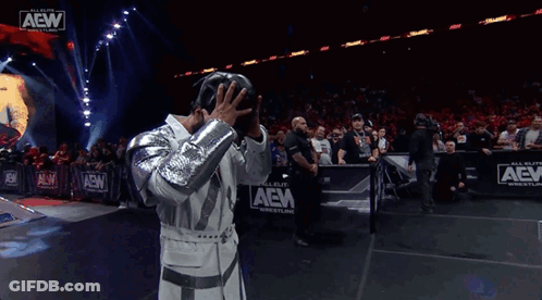 A Wrestler Is Standing In Front Of A Crowd At A Aew Wrestling Event GIF
