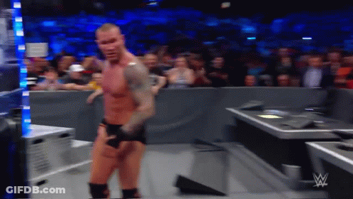 A Wrestler Is Standing In Front Of A Crowd While Wearing Shorts And Boxing Gloves GIF