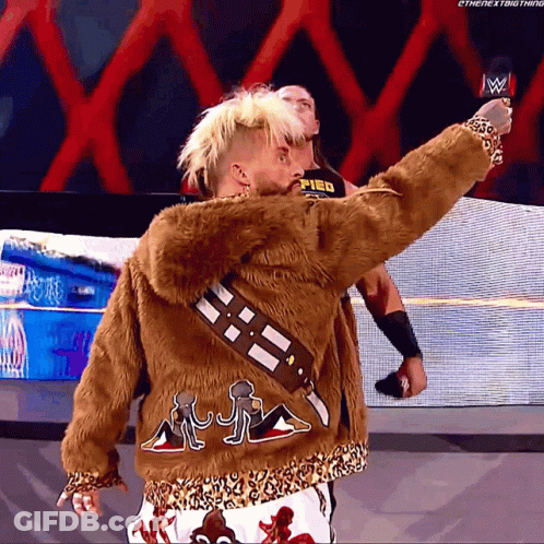 A Wrestler Is Wearing A Furry Jacket With A Chewbacca On It GIF