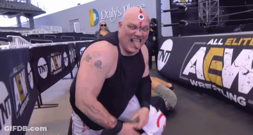 A Wrestler Stands In Front Of A Banner That Says All Elite Aew Wrestling GIF
