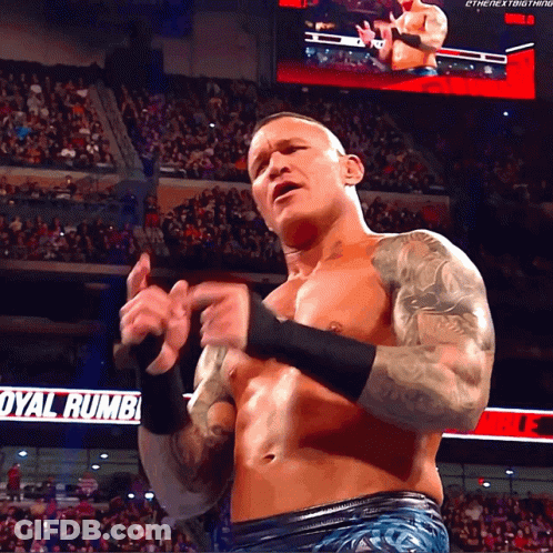 A Wrestler Stands In Front Of A Crowd And A Sign That Says Royal Rumba GIF