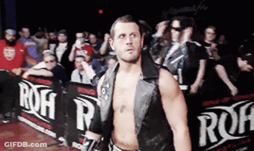 A Wrestler Stands In Front Of A Row Of Signs That Say Roh GIF