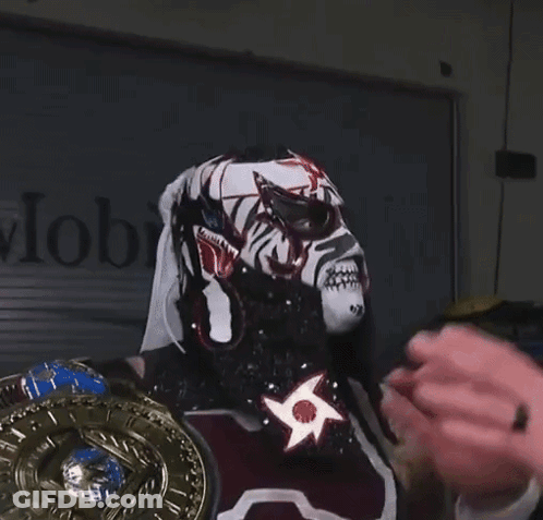 A Wrestler Wearing A Mask With The Word Wow On It GIF