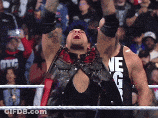 A Wrestler Wearing A Tank Top That Says " Ne G " Holds His Arms In The Air GIF