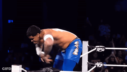 A Wrestler Wearing Blue Shorts With The Word Fox On The Side GIF