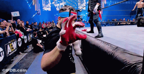 A Wrestler Wearing Red Gloves Stands In Front Of A Banner That Says All Elite Aew GIF