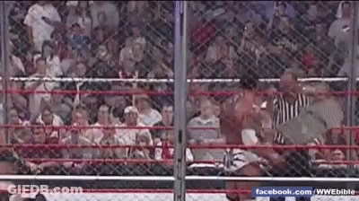 A Wrestling Match Is Being Held In A Cage With A Crowd Watching . GIF