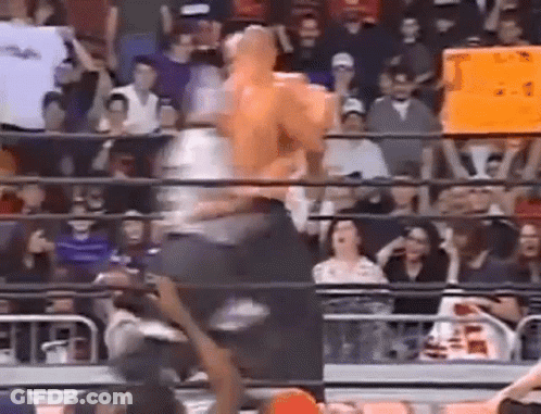 A Wrestling Match Is Being Held In Front Of A Crowd Of People . GIF