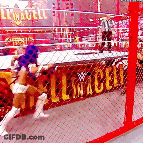 A Wrestling Match Is Going On In A Ring With A Sign That Says ' Lincoln ' On It GIF