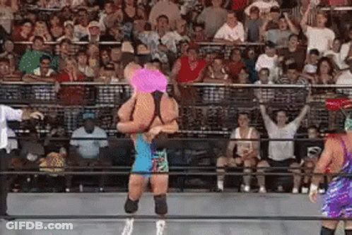 A Wrestling Match Is Going On In Front Of A Crowd . GIF
