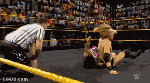 A Wrestling Match Is Underway With A W Logo In The Background GIF