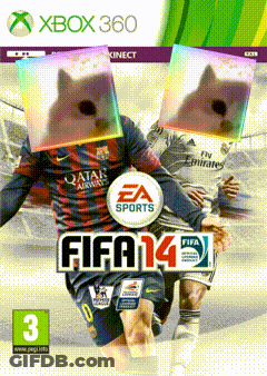 A Xbox 360 Fifa 14 Video Game Cover With A Cat On It 'S Head GIF
