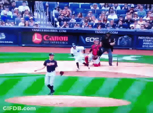 A Yankees Baseball Game Is Being Played In Front Of A Canon Ad GIF