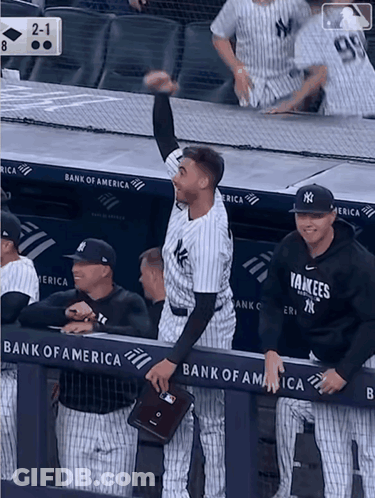 A Yankees Baseball Player Stands In The Dugout With His Hand In The Air GIF