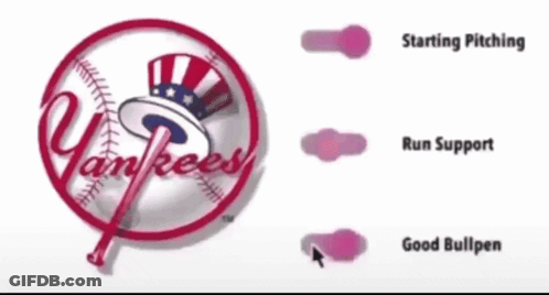 A Yankees Logo That Says Starting Pitching Run Support Good Bullpen GIF