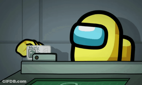 A Yellow Among Us Character Is Holding A Piece Of Paper That Says Mobile GIF