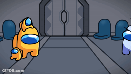 A Yellow Among Us Character Standing Next To A White Character GIF