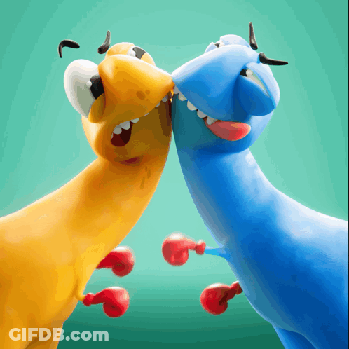 A Yellow And A Blue Dinosaur With Boxing Gloves On GIF