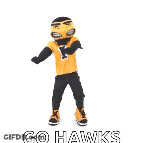 A Yellow And Black Mascot With The Word Go Hawks On The Bottom GIF