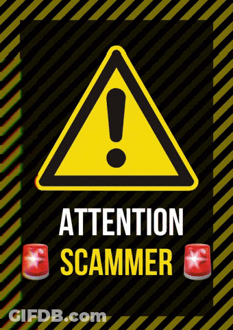 A Yellow And Black Warning Sign That Says Attention Scammer On A Black Background GIF
