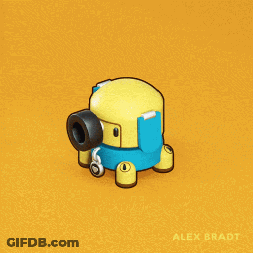 A Yellow And Blue Cartoon Character With The Name Alex Bradt On The Bottom GIF