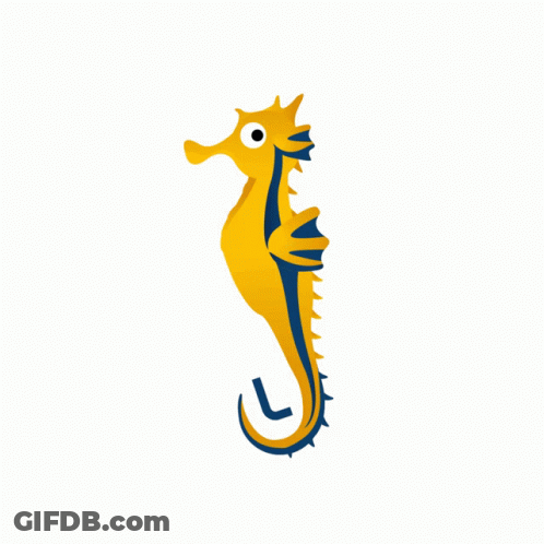 A Yellow And Blue Seahorse With A Black Tail On A White Background GIF