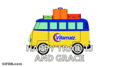 A Yellow And Blue Vitamalz Van With Luggage On Top Of It GIF