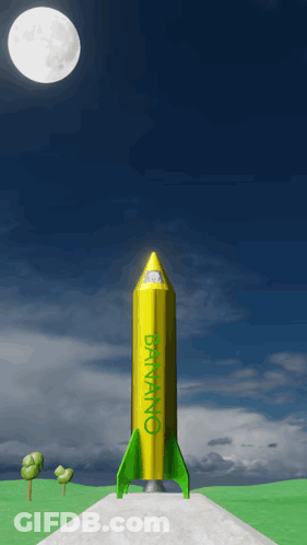 A Yellow And Green Rocket With Bananano Written On The Side GIF