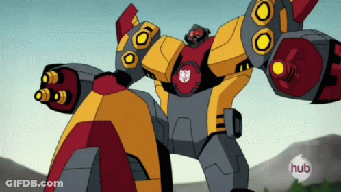 A Yellow And Red Robot With The Word Hub In The Corner GIF