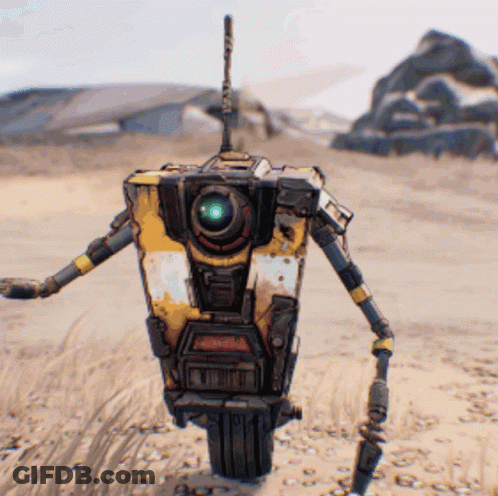 A Yellow And White Robot With A Green Eye Is Standing In The Sand GIF