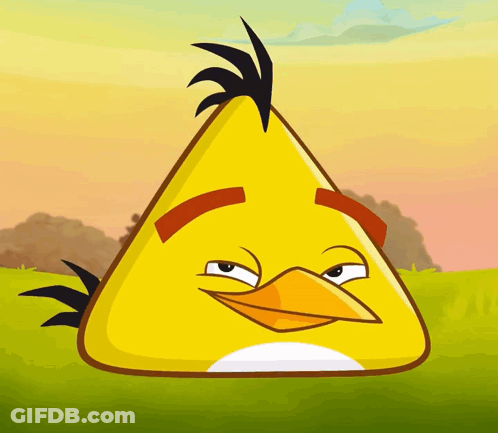 A Yellow Angry Bird With A Black Feather On Its Head Is Making A Funny Face GIF
