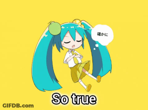 A Yellow Background With A Cartoon Character And The Word So True GIF