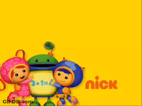 A Yellow Background With A Cartoon Character Holding A Robot That Says 3 + 1 = 4 GIF